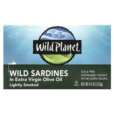 Wild Planet, 初榨橄欖油中的野生沙丁魚，輕微煙熏，4.4 盎司（125 克）