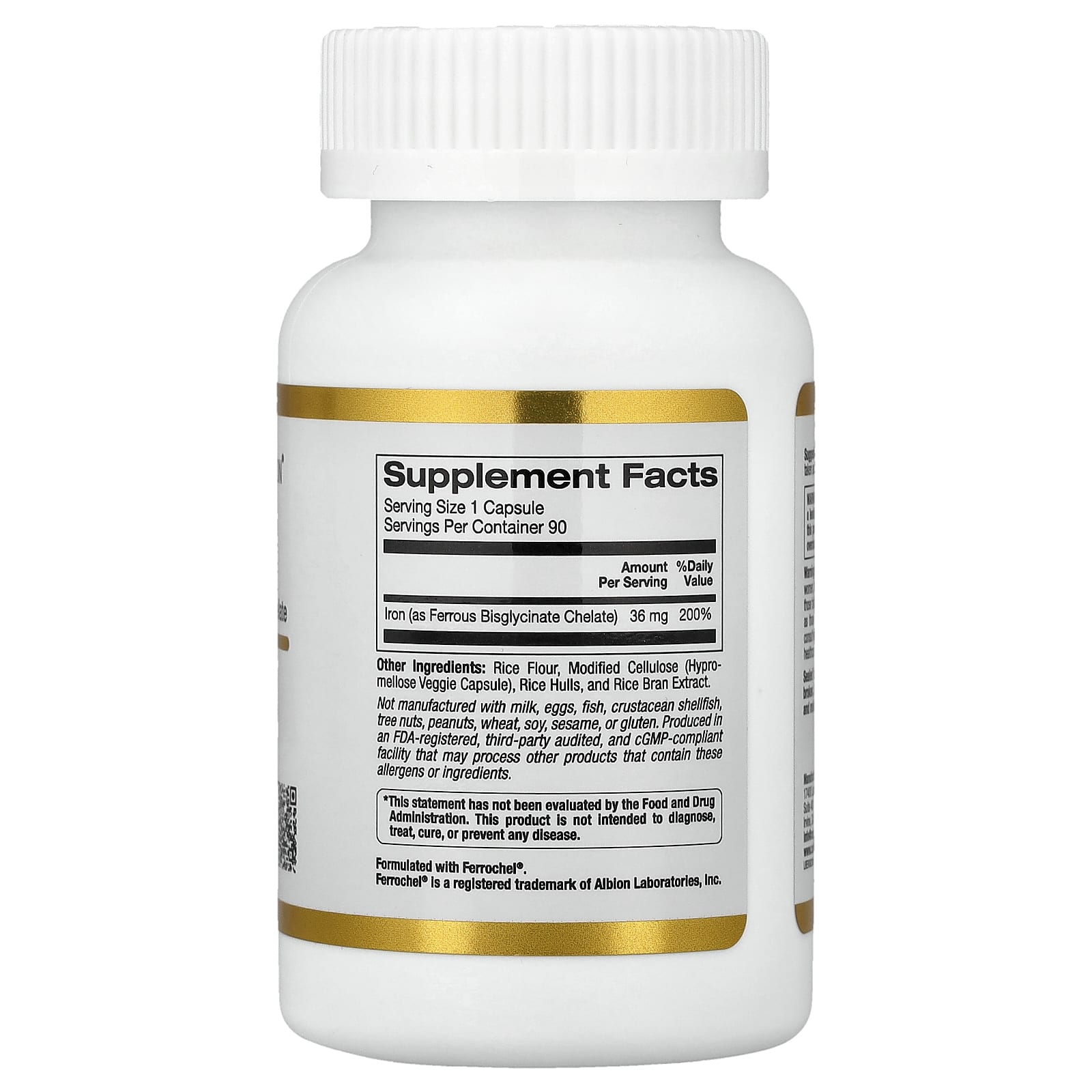 California Gold Nutrition, Ferrochel® 鐵（雙甘氨酸），36 毫克，90 粒素食膠囊
