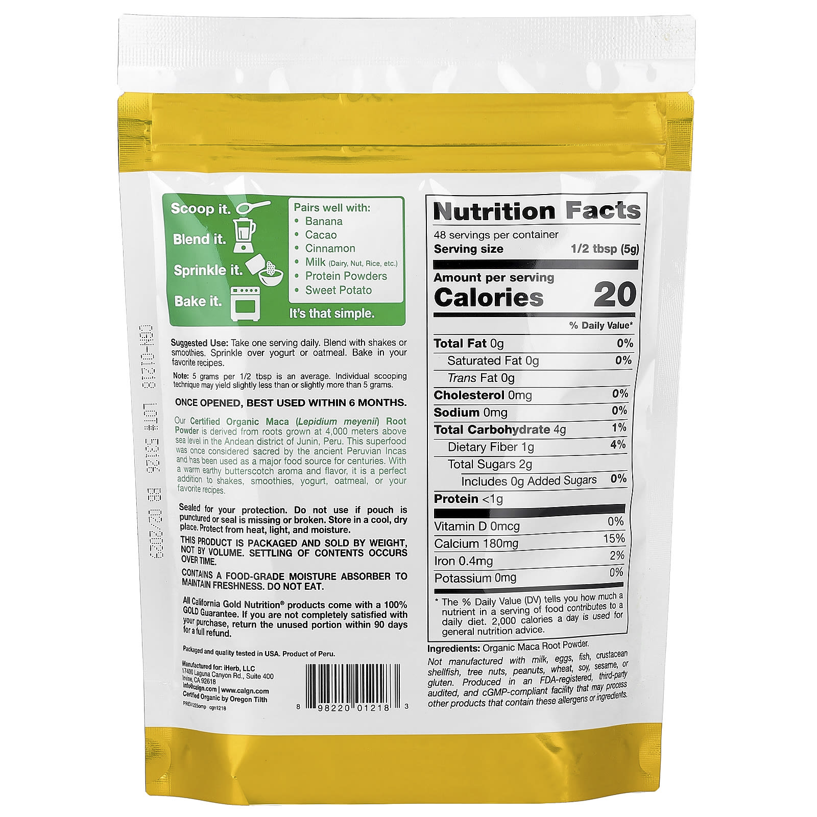 California Gold Nutrition, SuperFood，認可有機祕魯瑪卡根粉，8.5 盎司（240 克）