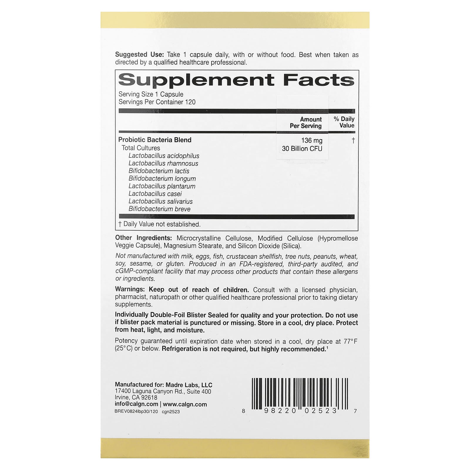 California Gold Nutrition, LactoBif® 30 益生菌，300 億 CFU，120 粒素食膠囊