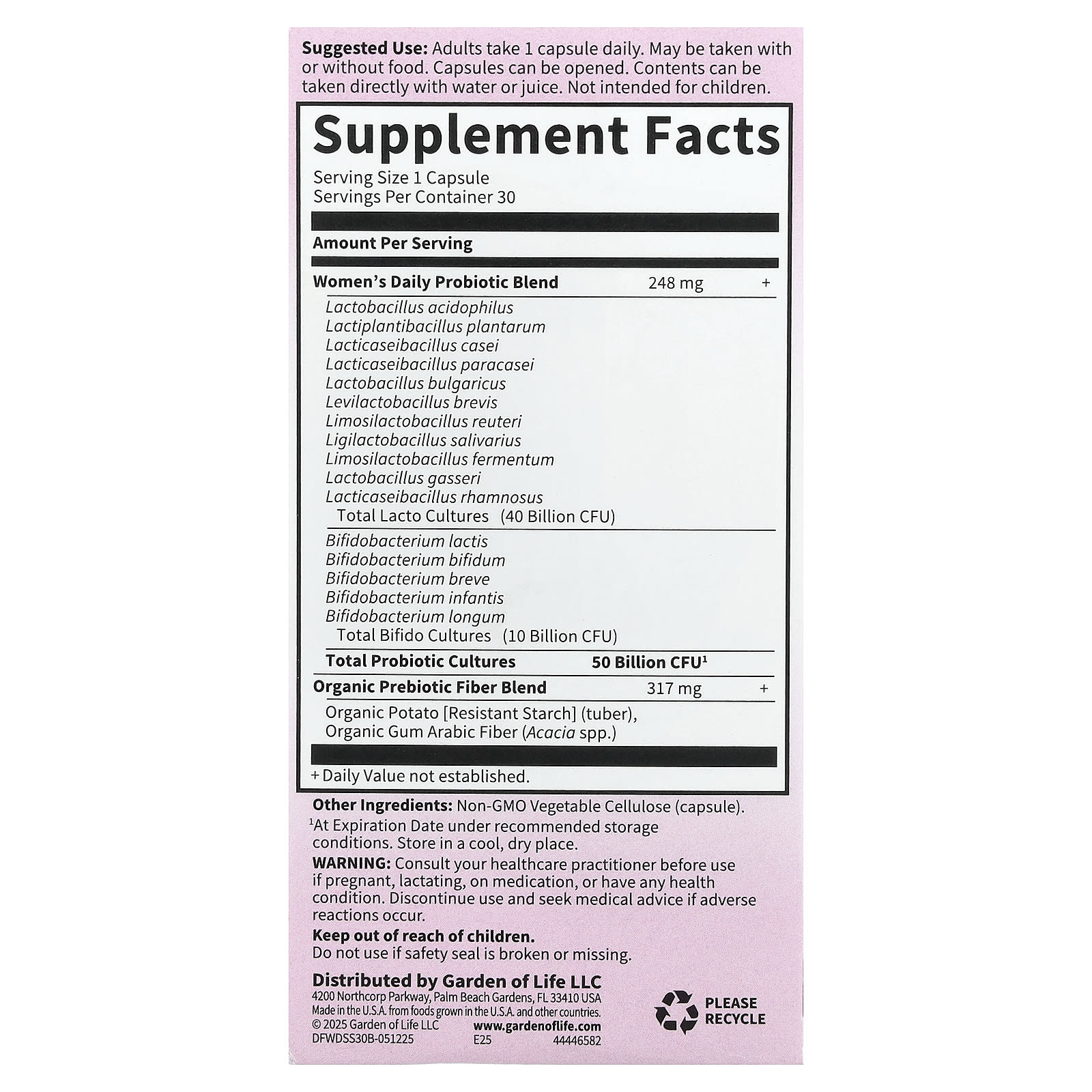 Garden of Life, Dr. Formulated 益生菌，女性每日一次，500 億，30 粒素食膠囊