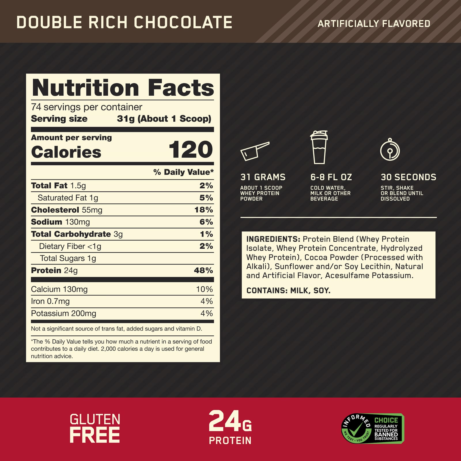 Optimum Nutrition, 金標準® 全乳清蛋白，雙重濃鬱巧克力味，5.05 磅（2.29 千克）
