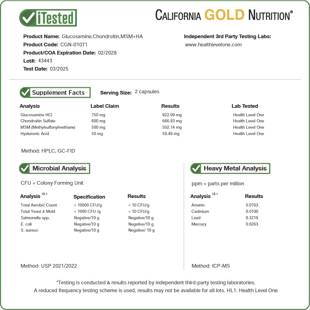 California Gold Nutrition, 葡萄糖胺軟骨素，MSM 加透明質酸，120 粒素食膠囊