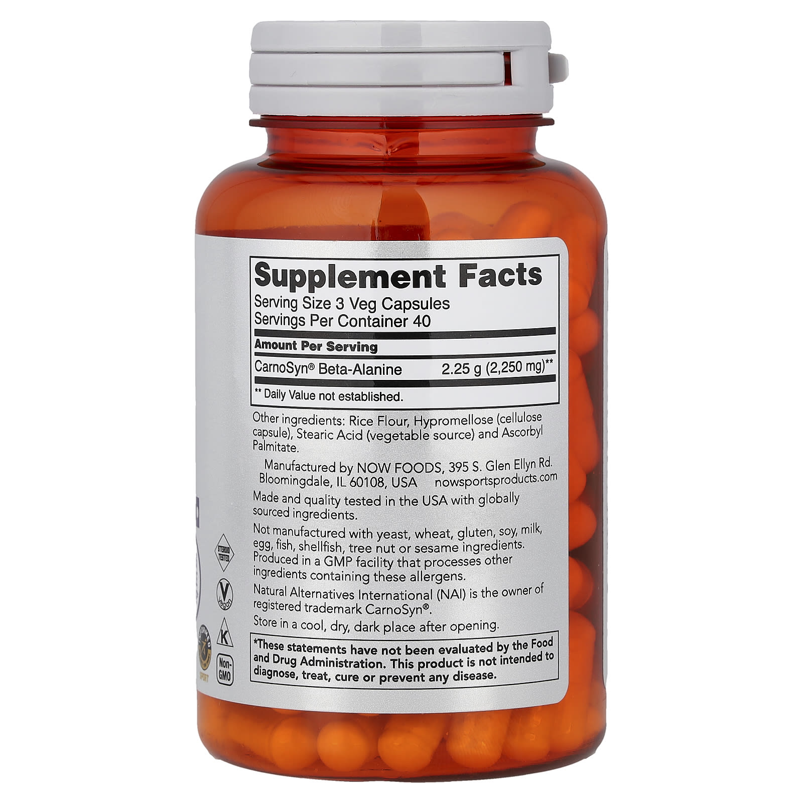NOW Foods, 運動系列，β-丙氨酸，耐力，120 粒素食膠囊（每粒膠囊 750 毫克）