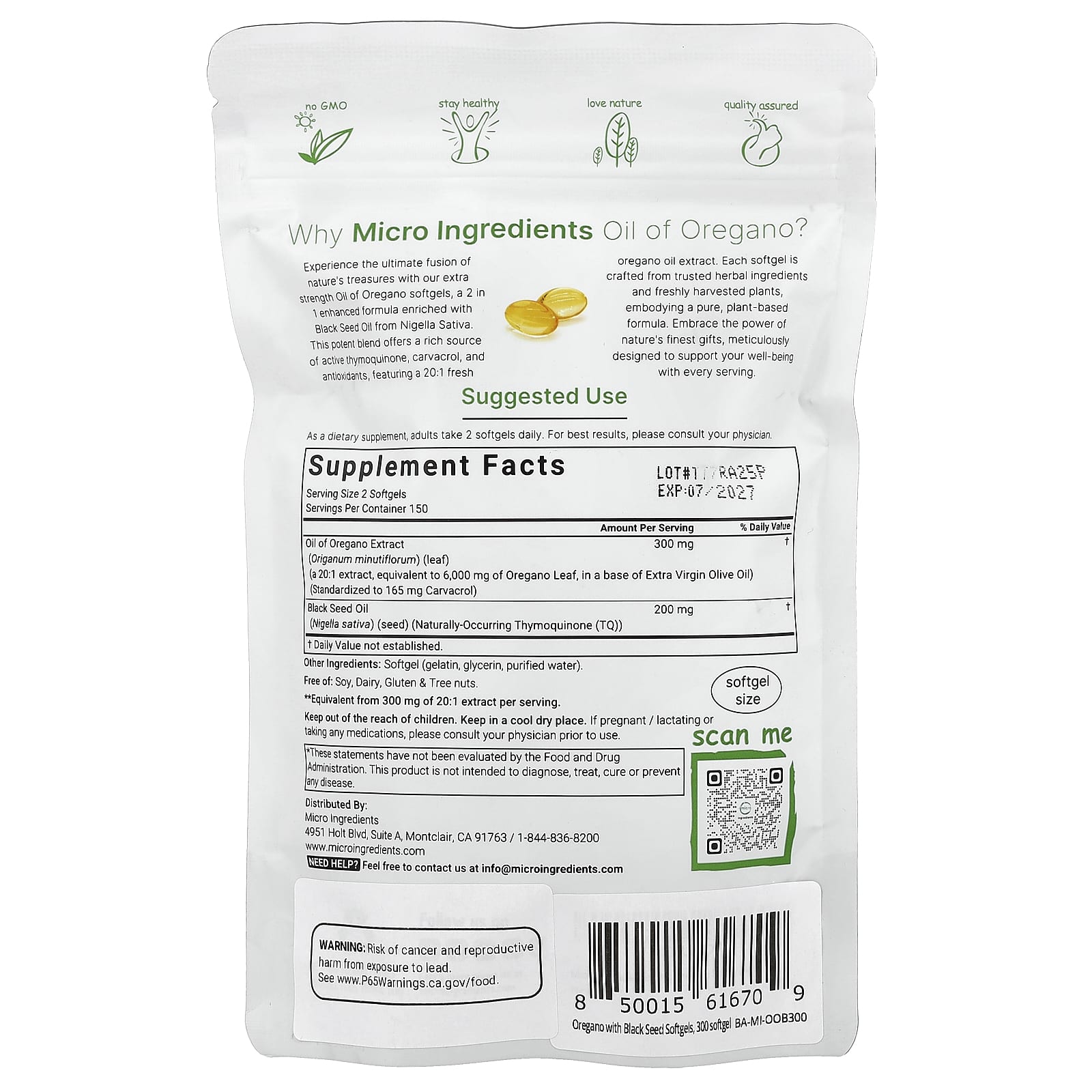 Micro Ingredients, 含黑籽油的牛至油，300 粒軟膠囊