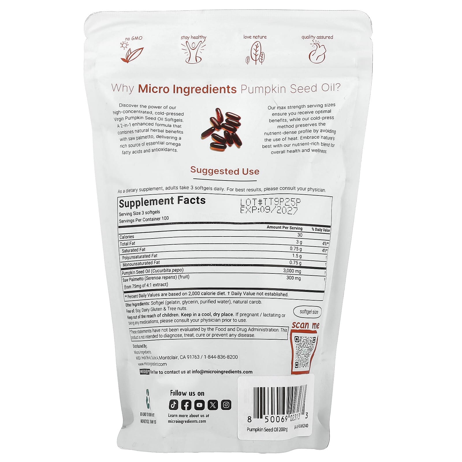Micro Ingredients, 南瓜籽油，冷榨，300 粒軟膠囊