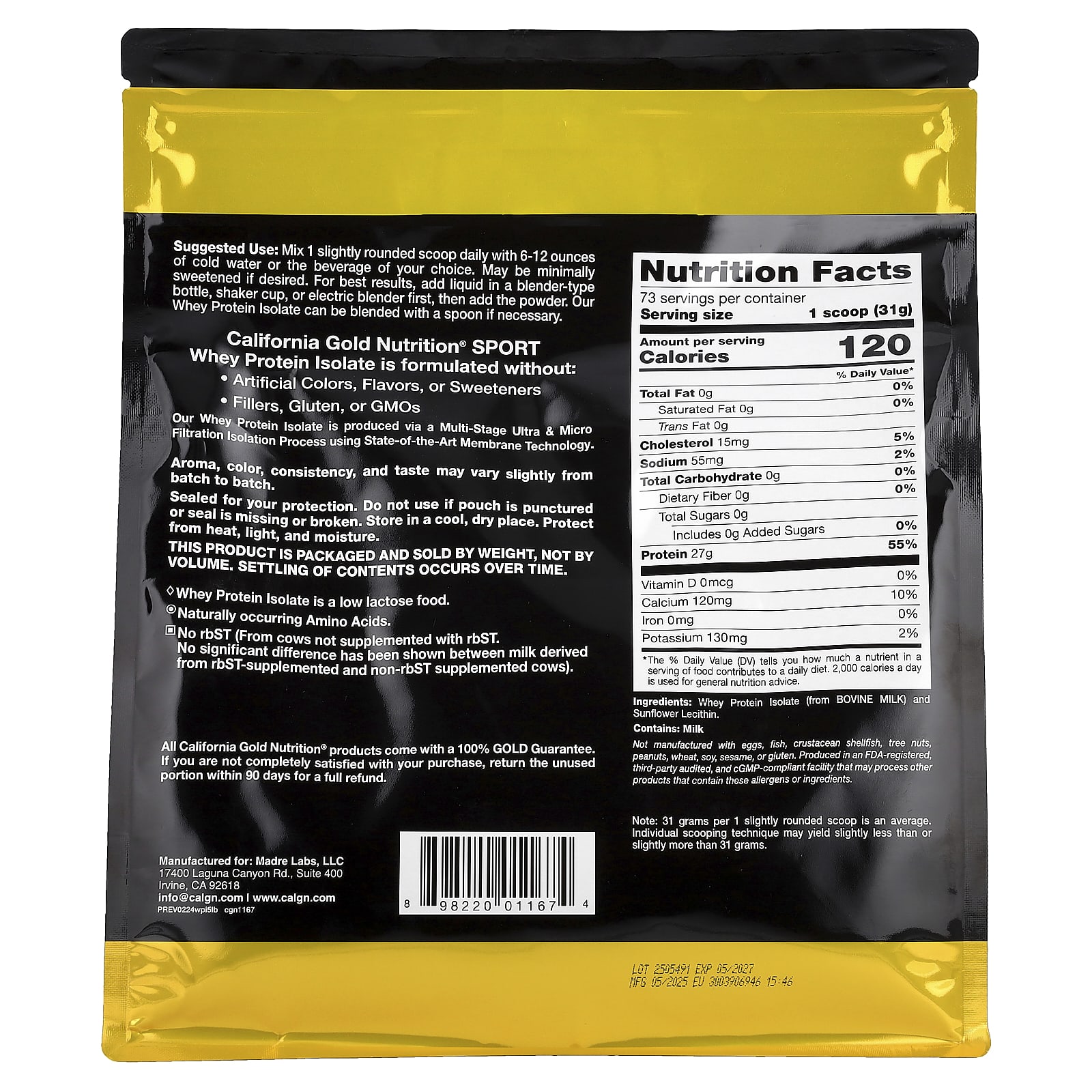 California Gold Nutrition, 運動系列，分離乳清蛋白，原味，5 磅（2.27 千克）