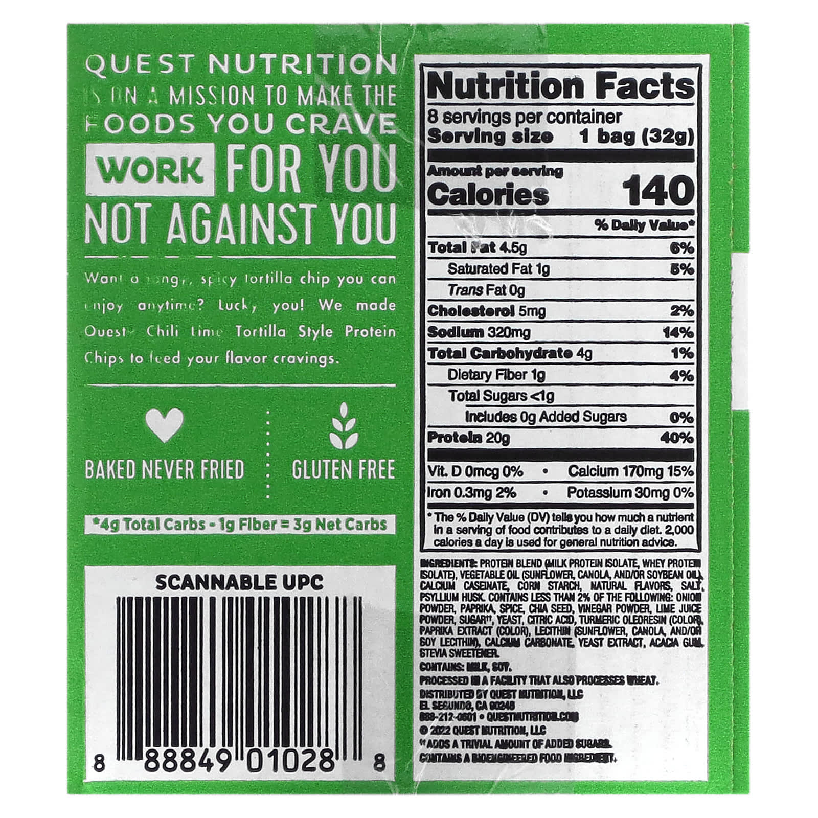 Quest Nutrition, 玉米餅蛋白質薯片，辣椒酸橙，8 袋，每袋 1.1 盎司（32 克）