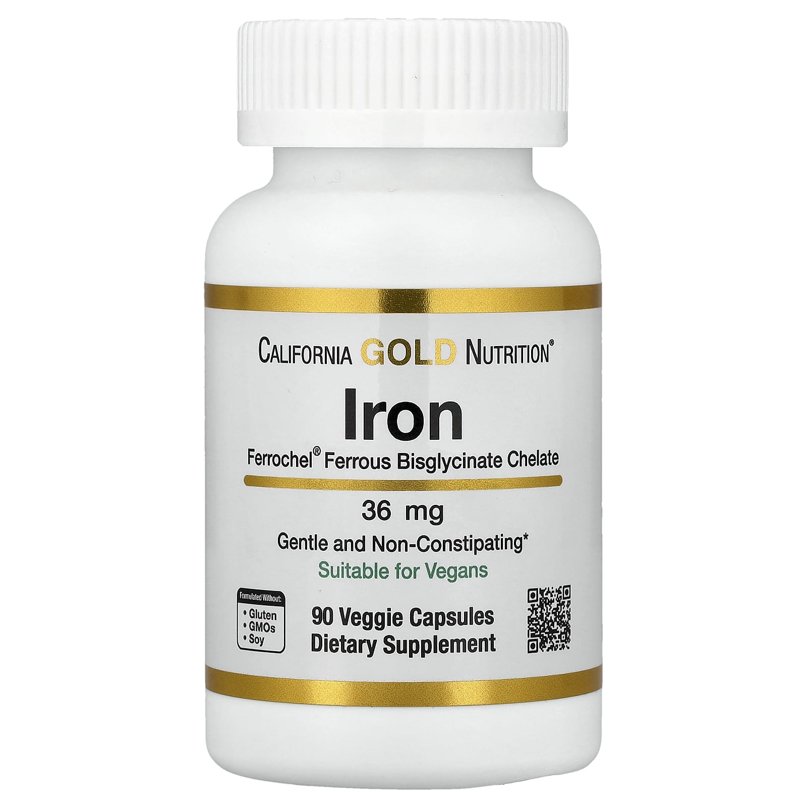 California Gold Nutrition, Ferrochel® 鐵（雙甘氨酸），36 毫克，90 粒素食膠囊