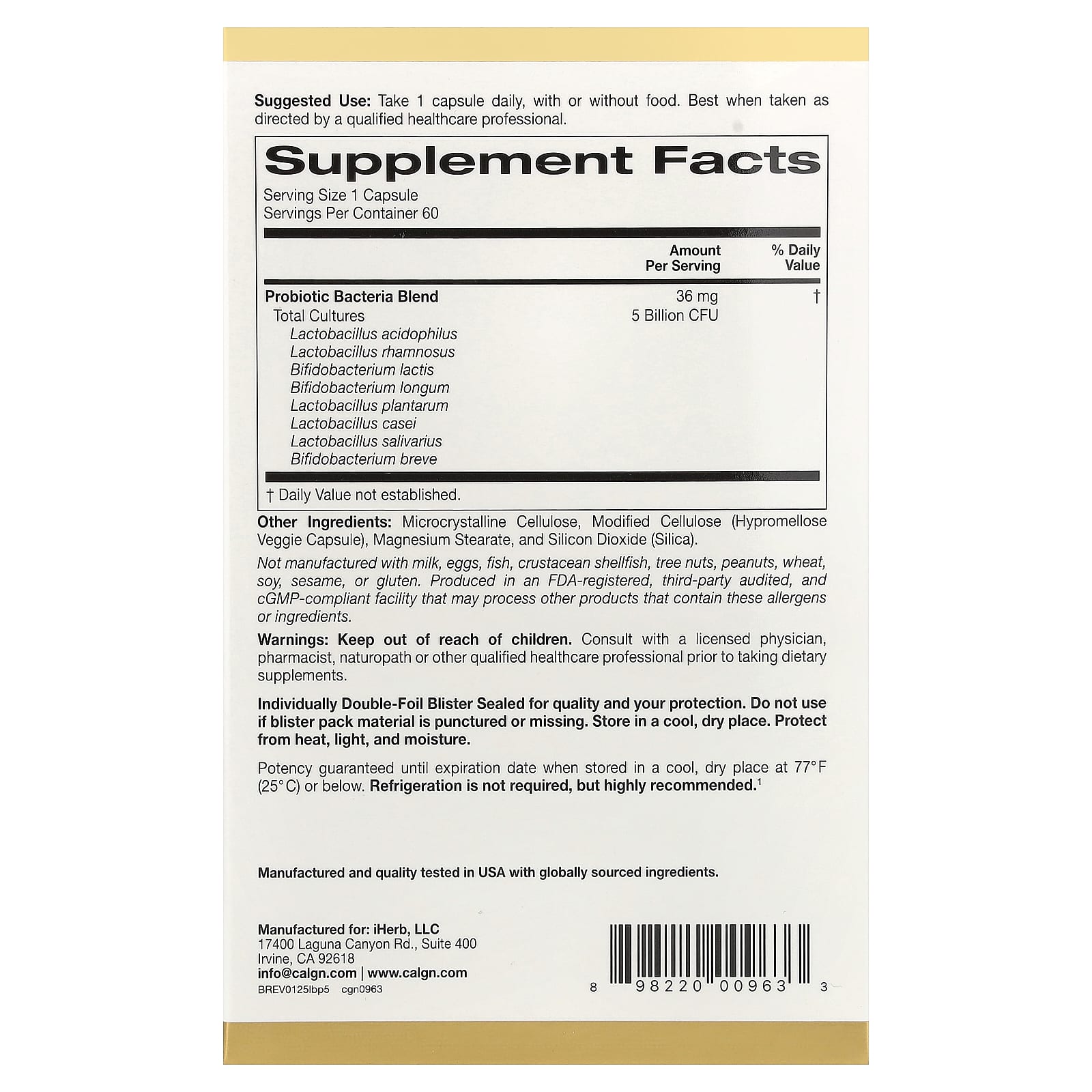 California Gold Nutrition, LactoBif® 5 益生菌，50 億 CFU，60 粒素食膠囊