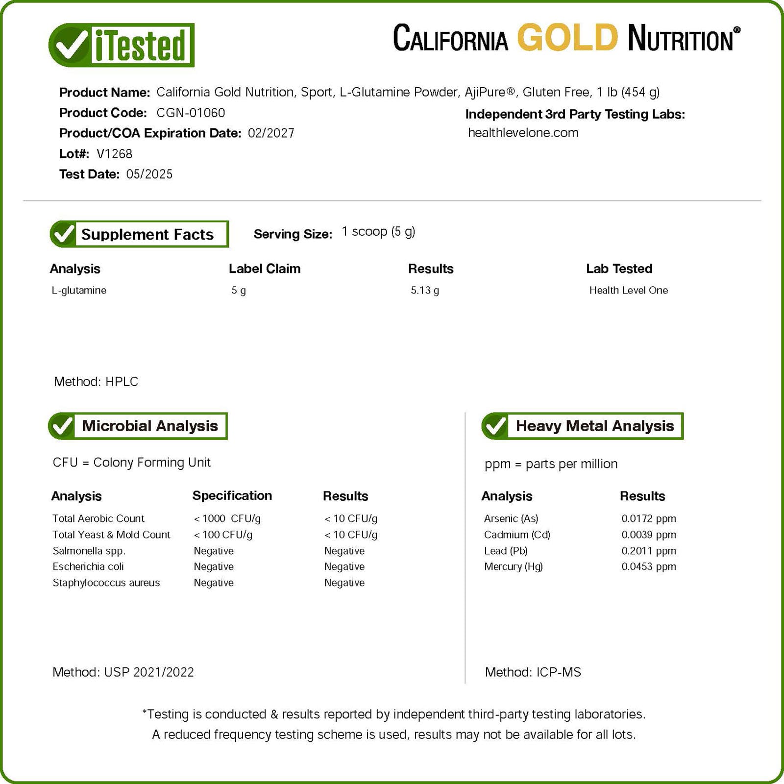 California Gold Nutrition, 運動型，L-谷氨酰胺粉，AjiPure®，無麩質，1 磅（454 克）