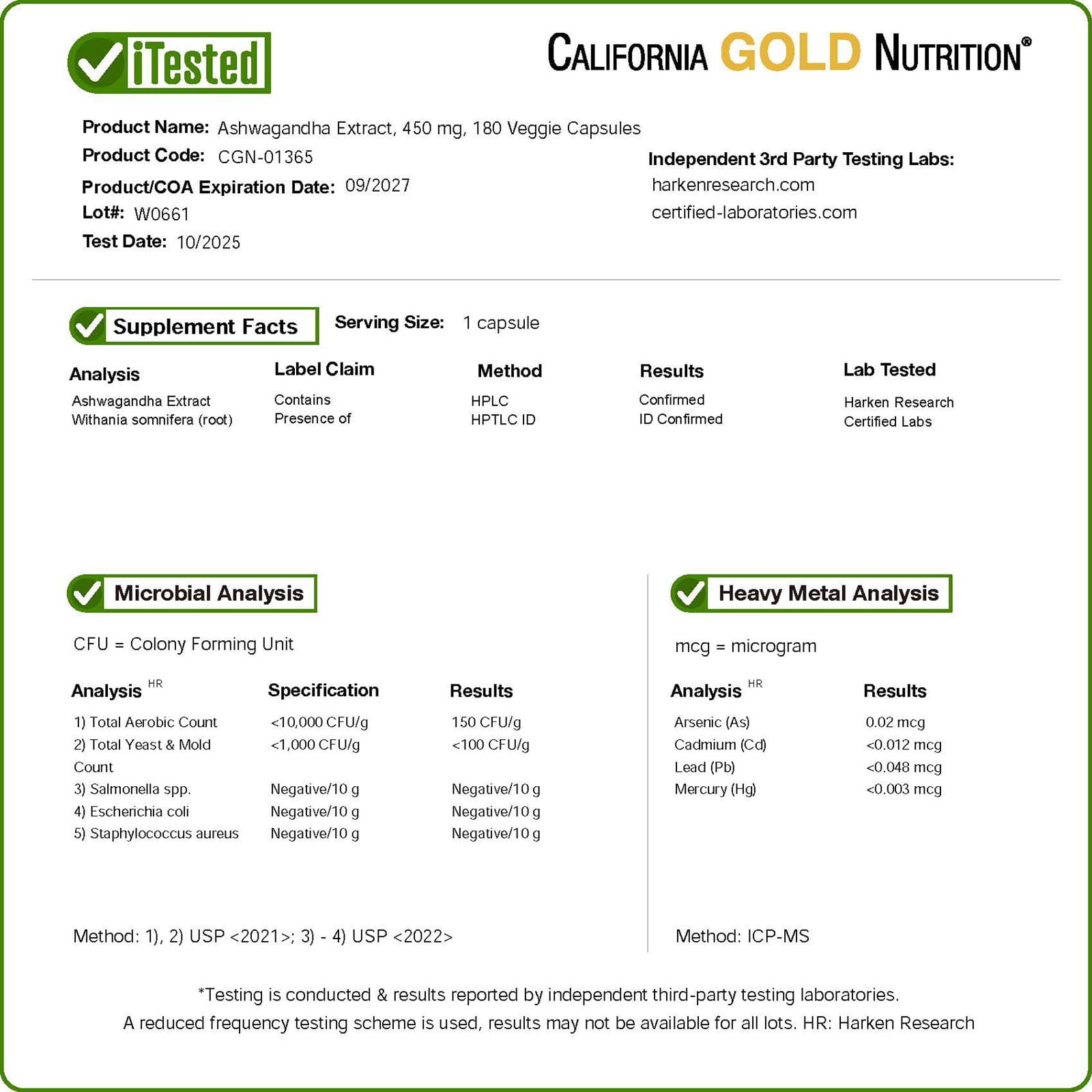 California Gold Nutrition, 南非醉茄，450 毫克，180 粒素食膠囊